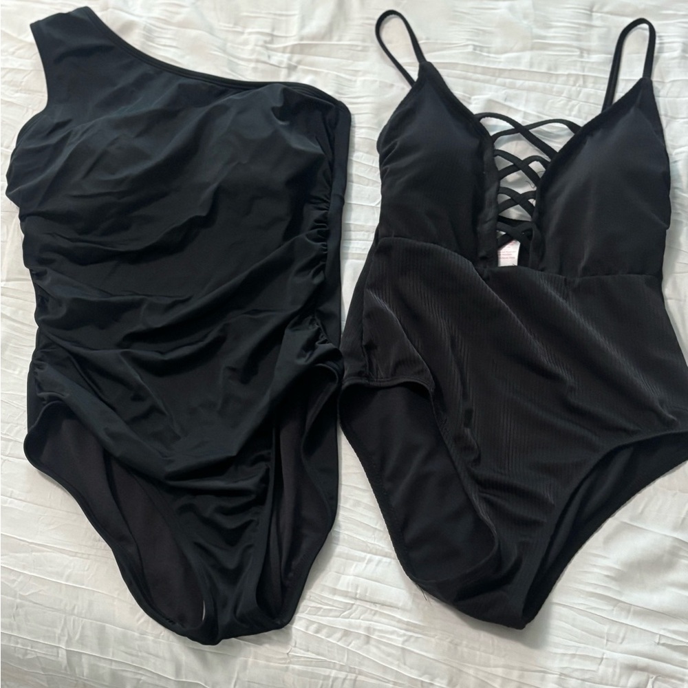 Time and Tru Black One Shoulder and Strappy One Piece Swimsuits